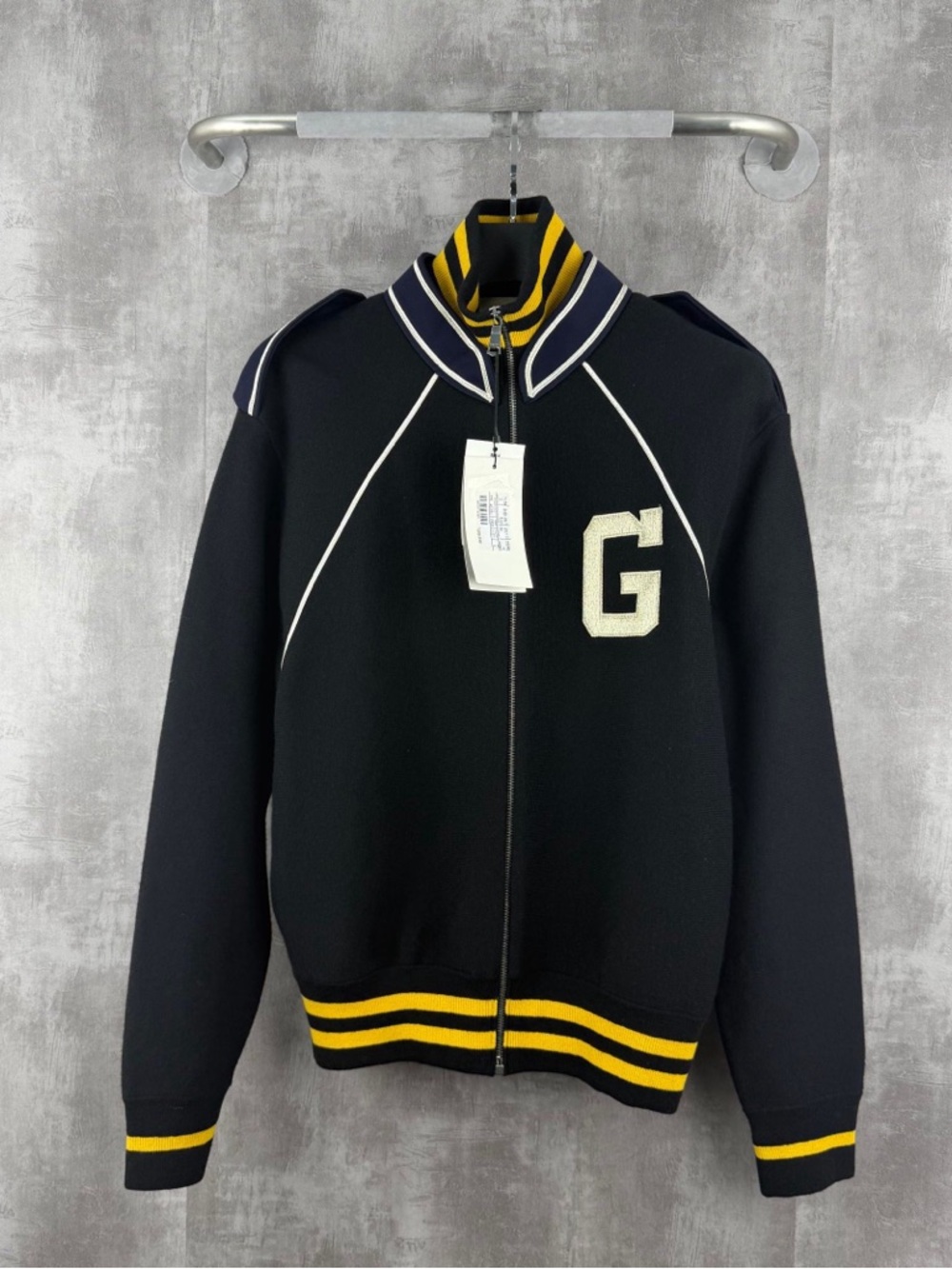 Authentic Gucci Black Bomber Jacket with Yellow Trim and 'G' Patch